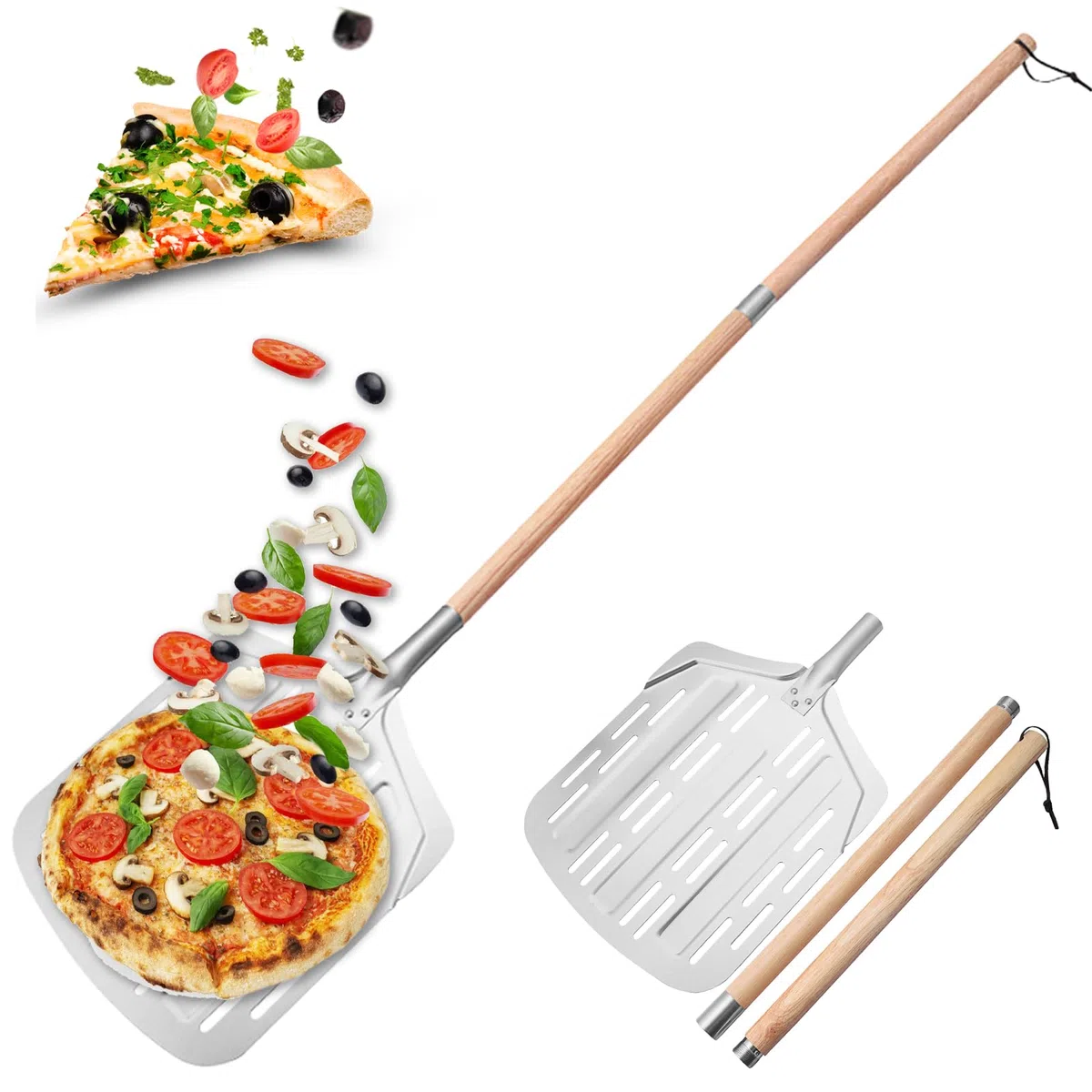GBKDQQ Pala per pizza, 135 cm, pala per pizza, forata, grande cursore per pizza, in alluminio con manico lungo in legno rimovibile, per cucina e gastronomia