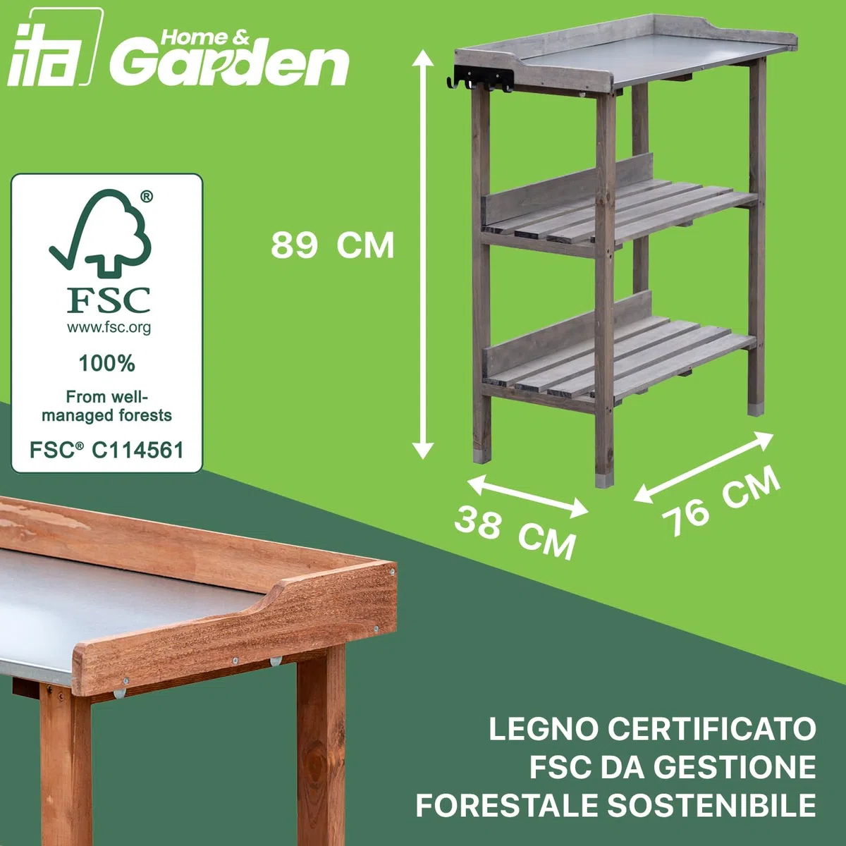 ITA Banco da giardinaggio - Tavolo da lavoro con piano in lamiera zincata - Resistente alle intemperie - Made in EU - Direttamente dal produttore - Certificato FSC - 76x38x89 cm Marrone