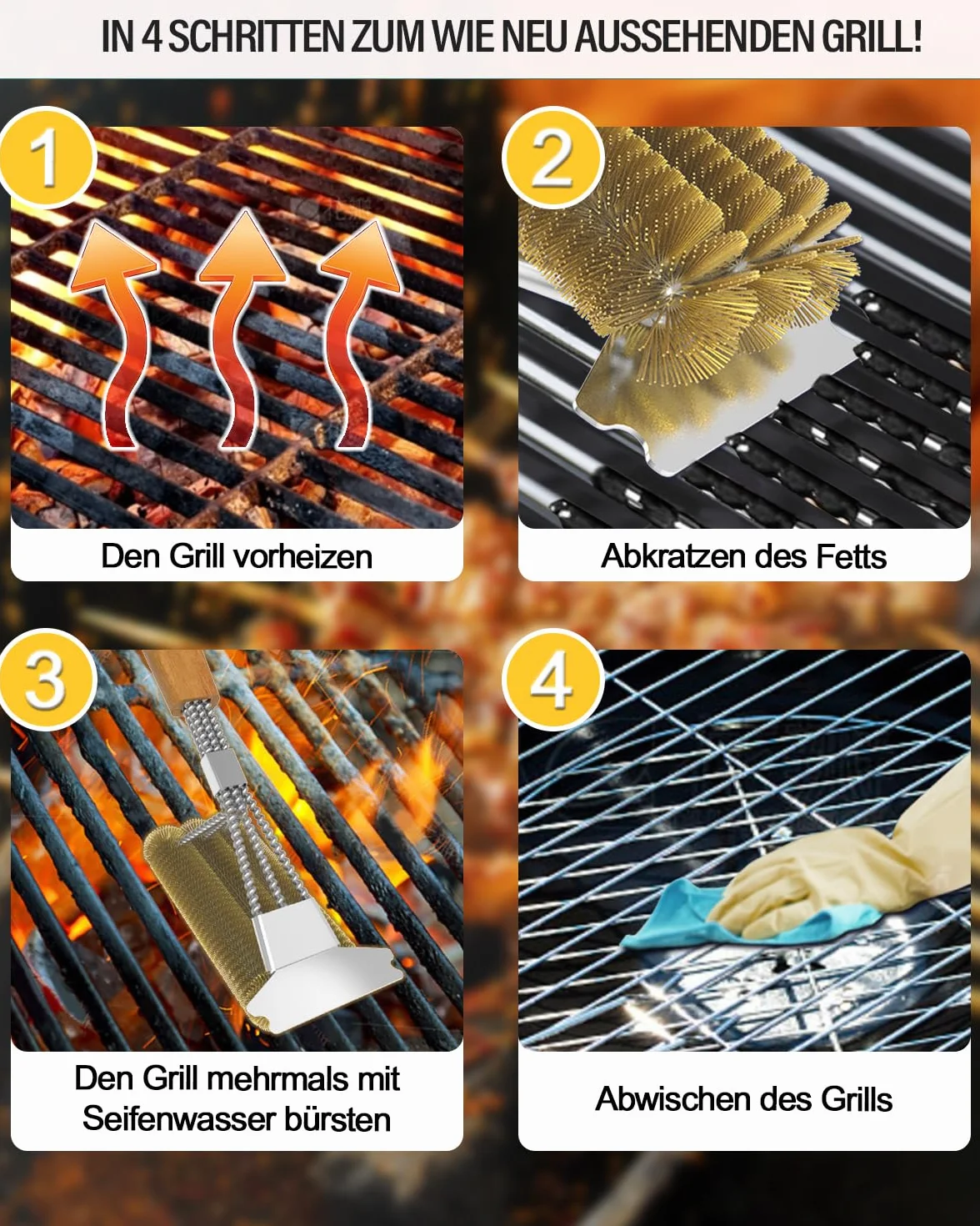 Spazzola per barbecue in ottone, spazzola per la pulizia della griglia, raschietto in acciaio inox, setole spesse in acciaio inox, manico in legno extra lungo da 39 cm, per barbecue a gas, griglia a