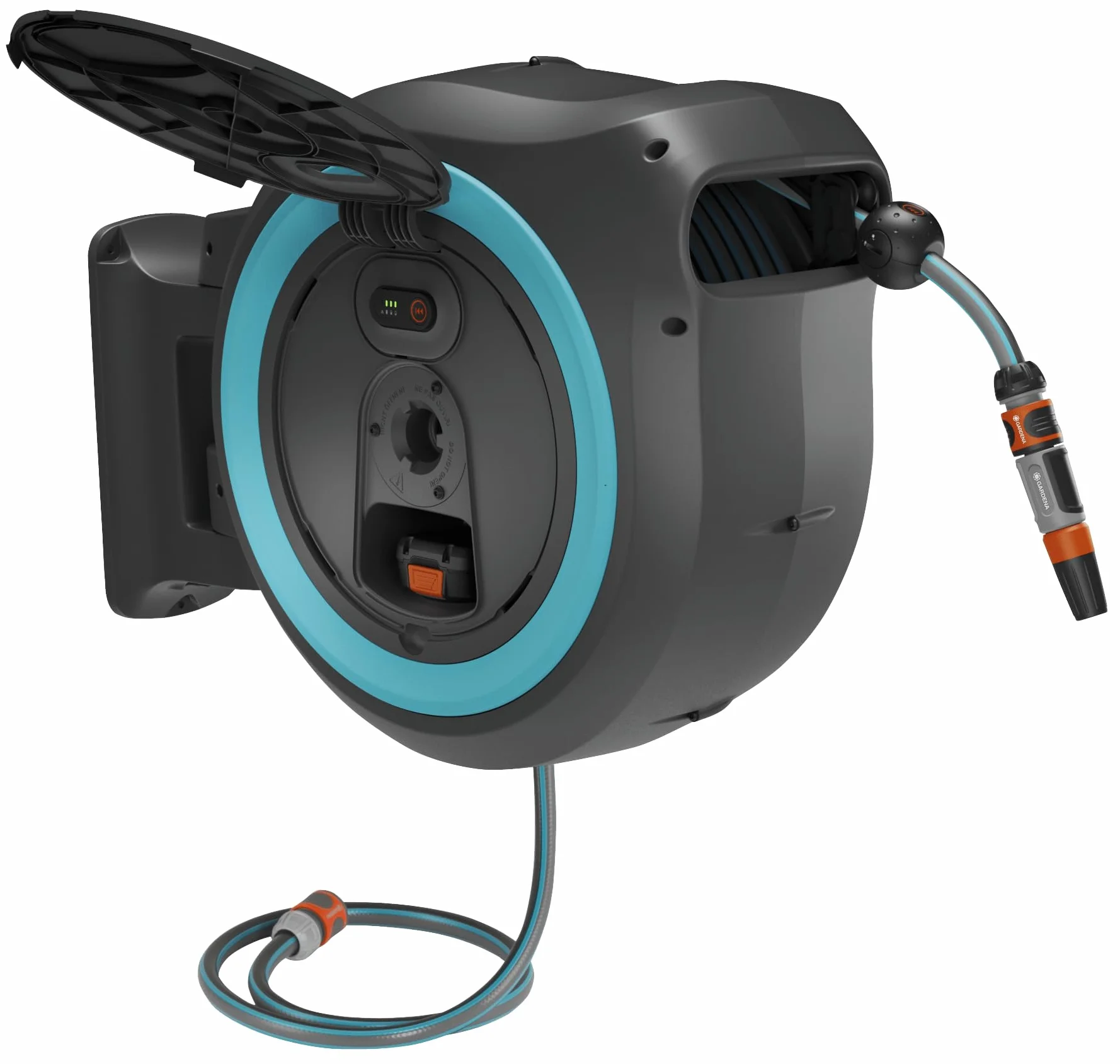 Gardena Set avvolgitubo a parete PowerRoll XL ricaricabile, pronto all’uso, avvolgitubo automatico con tubo da giardino 35 m, guida e RollControl, set completo, batteria ricaricabile (18640-20)