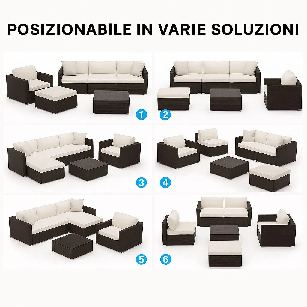 Totò Piccinni Set CARLOS in Polyrattan con cuscini Divano 3 Posti + Poltrona + Pouf + Tavolino con Piano in Vetro (Marrone)
