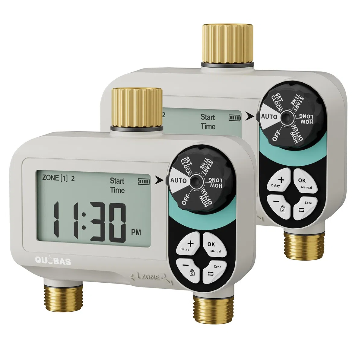 QUOBAS Timer per irrigazione a pressione zero con blocco bambini, timer programmabile per tubo da giardino con porte in ottone, sistema di irrigazione manuale o automatico, 2 zone di irrigazione per