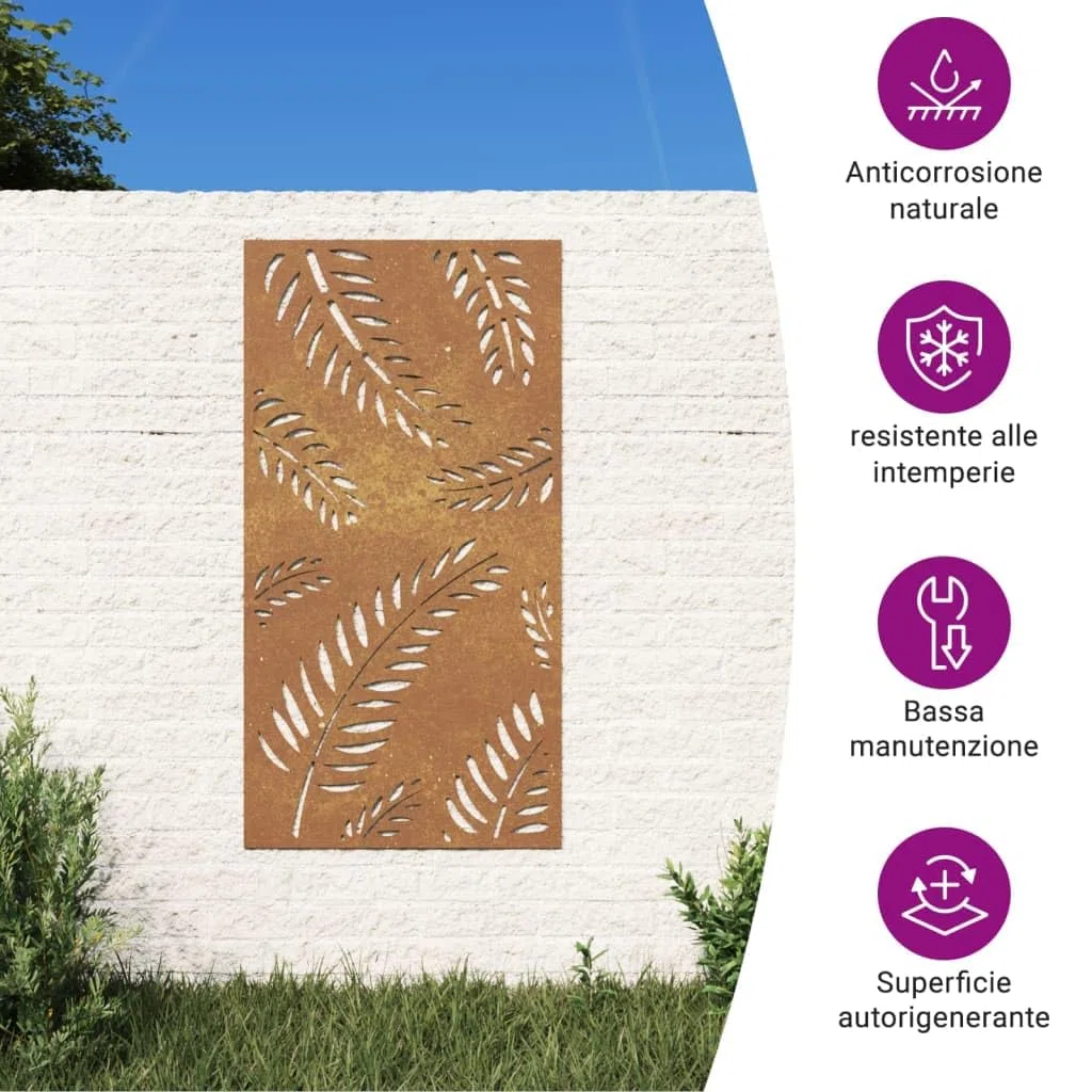 vidaXL Decorazione Muro da Giardino 105x55 cm Foglia Acciaio Corten