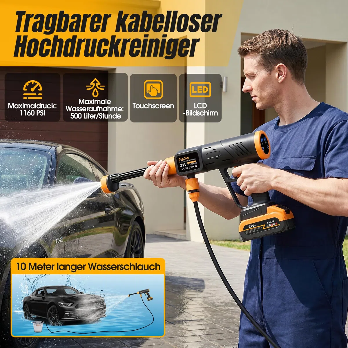 80Bar Idropulitrice a Batteria Collegamento a Rubinetto Diretto, Idropulitrice Portatile Ugello 6 in 1 e Controllo Pressione Regolabile per Giardino, Auto e Pulizie Esterne