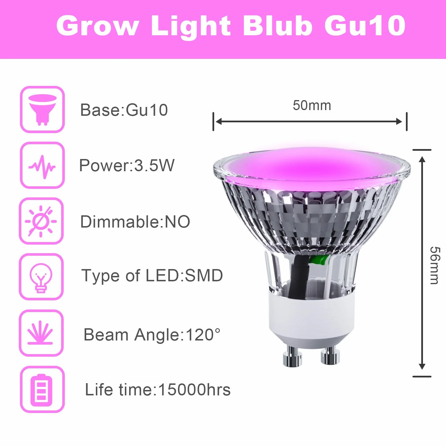 ANTELA LED Lampadina per Piante da Interno, Lampade per Crescita GU10 3.5W 200LM, Luci Diurne per Semina, Fioritura, Fruttificazione - 5 Pack
