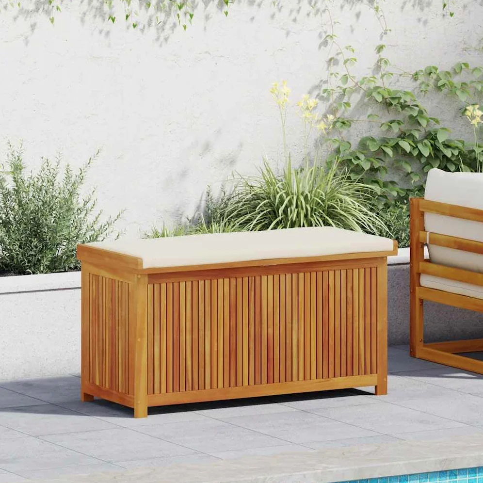 Scatola per cuscini esterni in acacia massiccia, 113 x 50 x 60,5 cm | Stoccaggio da giardino, borsa impermeabile integrata, doghe aperte, coperchio antipolvere