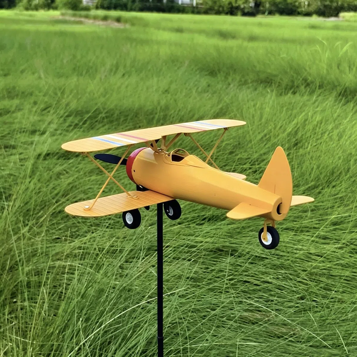 Airplane Garden Windmill - Elevates Outdoor Rural Landscaping Esthetics, Aerodynamic Metal Plane Weathervane Spinner, 28x21x13cm Fuselage Size Dimensions + 83cm Heavy Stake Pole, Rust Proof Co
