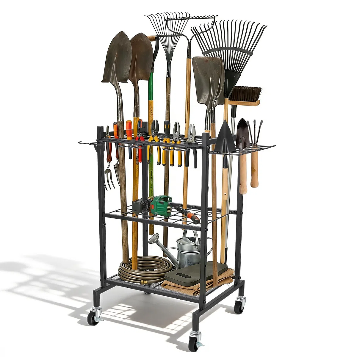Porta Attrezzi da Giardino su Ruote,71 X 42 X 31 Cm,in Metallo,con 4 Ganci E 35 Scomparti,Organizer per Attrezzi da Giardino per Riporre Scope,Pale E Rastrelli