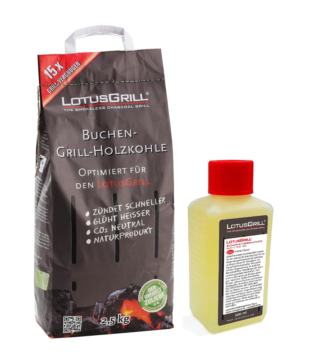 LotusGrill Carbone di faggio da 2,5 kg con bruciatore per pasta da 200 ml, due progettati per grigliare affascinanti con barbecue a loto
