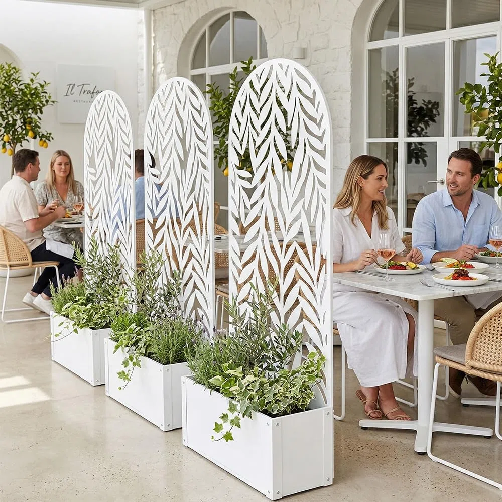 Fioriera con spalliera graticola rettangolare alta cm 150 vaso 60x32 in Metallo Bianco Separè Decorativo per Piante Rampicanti e Divisorio per Ambienti Design Moderno Ideale per Casa Bar Ristoranti.