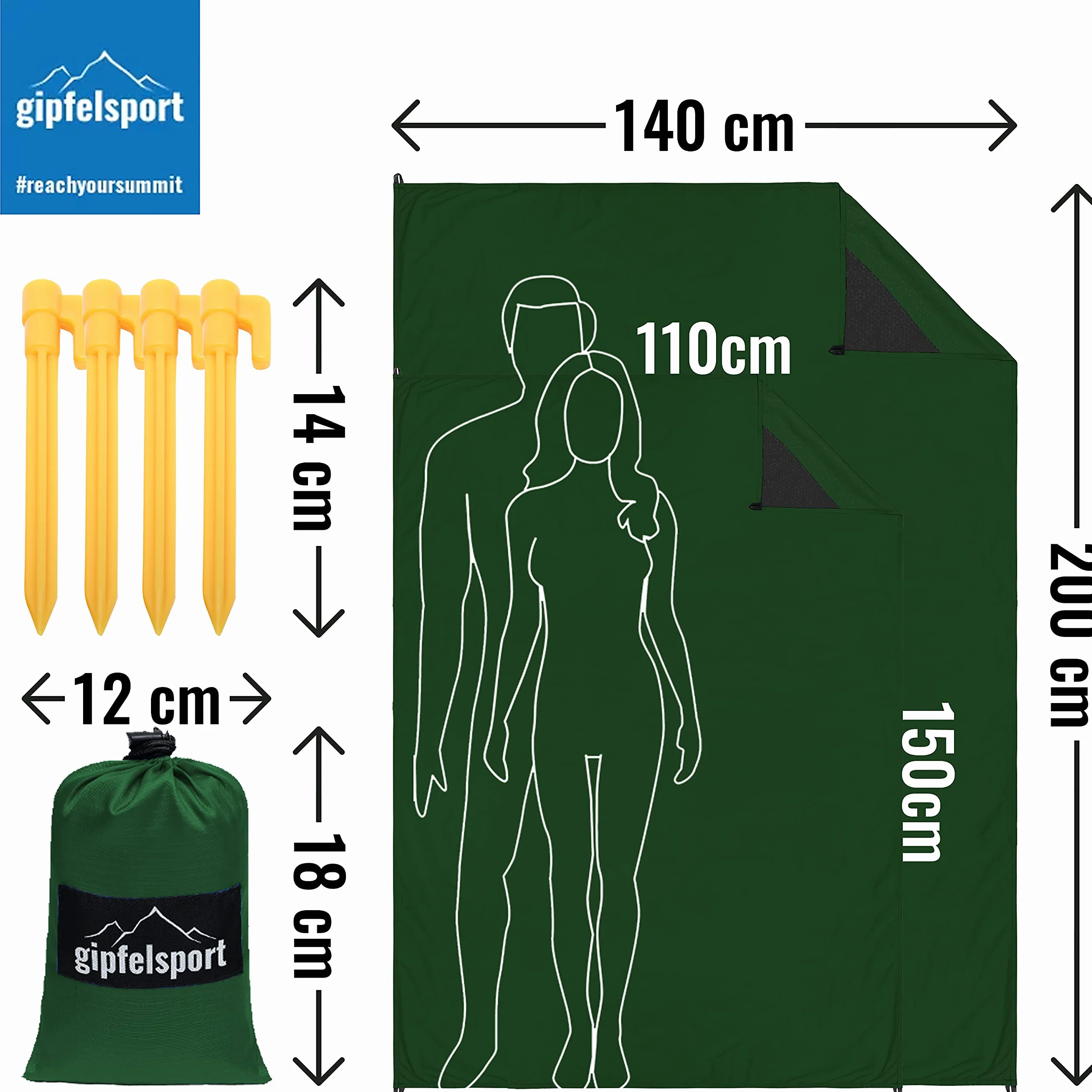 gipfelsport Coperta da Picnic - Coperta Montagna, Coperta da Spiaggia | Durevole, Portatile, Leggero, Impermeabile | 200x140cm | Verde