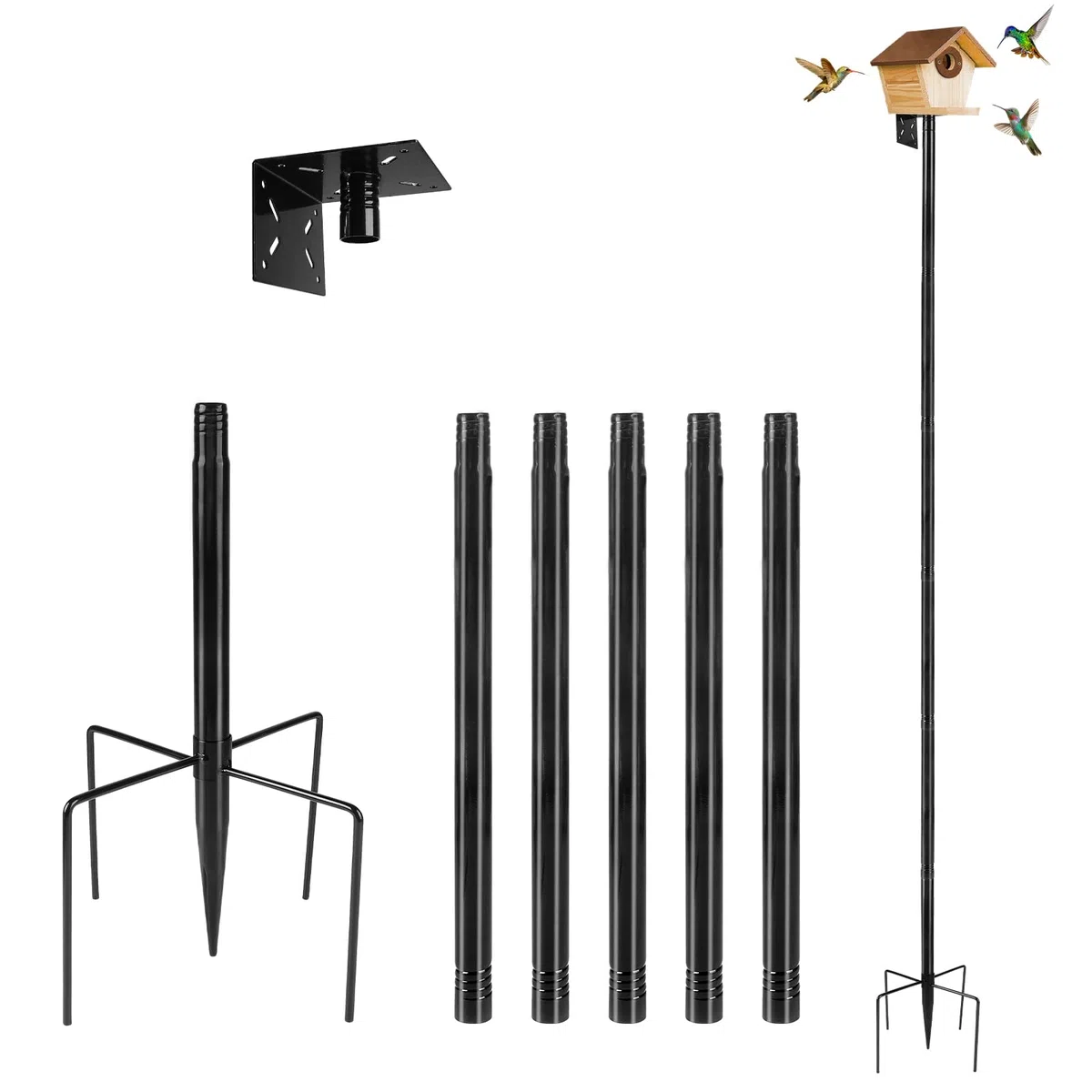 1 Pezzo Supporto regolabile per casetta per uccelli 220cm Set universale per giardino con base a 5 bracci per mangiatoie, stazioni meteorologiche (Senza casetta per uccelli e viti), Nero