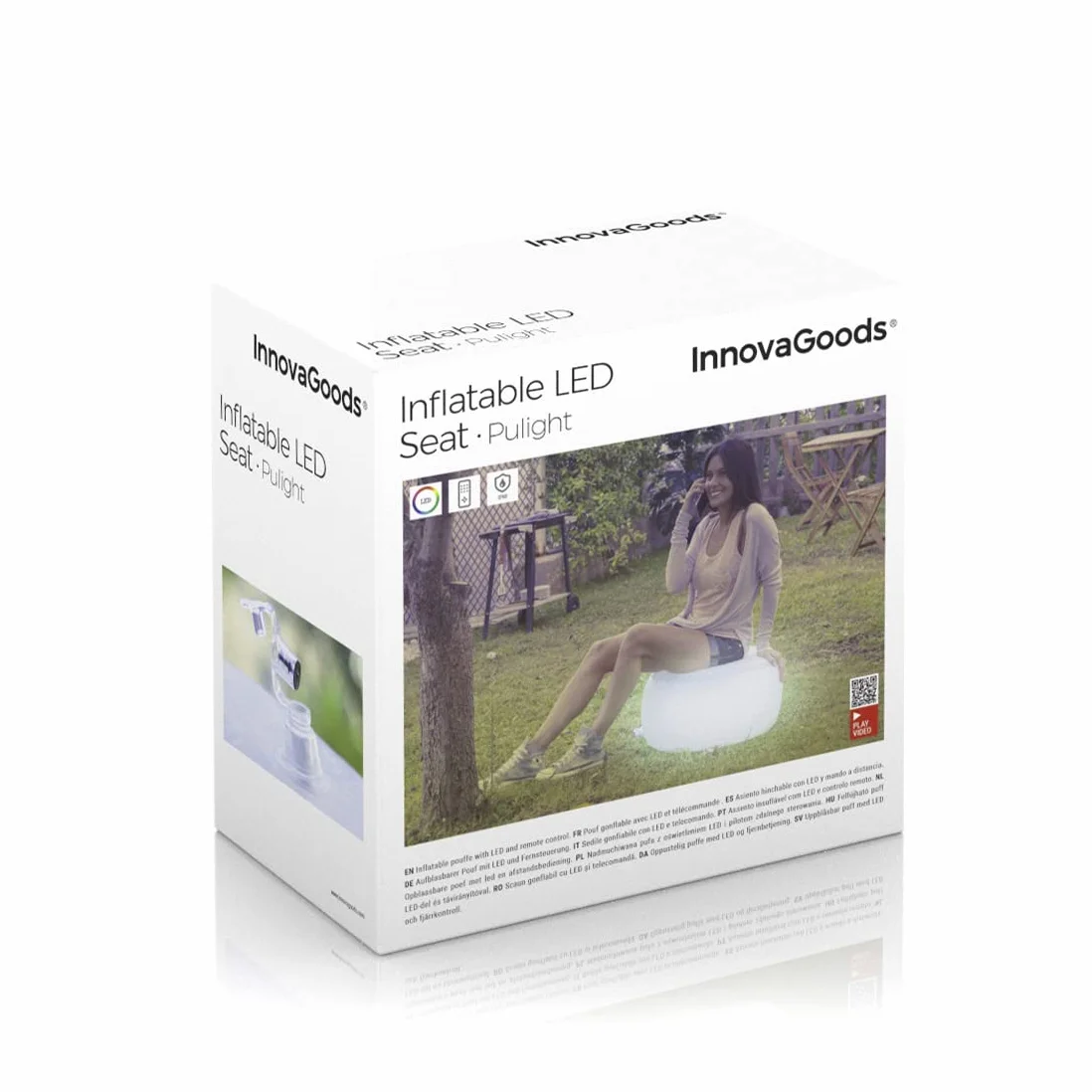 InnovaGoods - Pouf Gonfiabile LED Multicolor, Telecomando Pulight, Resistente all'Acqua, Leggero e Portatile, Ideale per Interno e Giardino, Bianco, Unica, Plastica