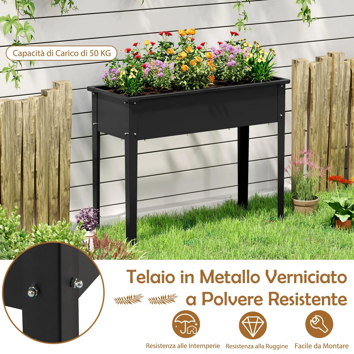 COSTWAY Letto da Giardino Rialzato, Fioriera Elevata con Gambe, Fori di Drenaggio, Aiuola Rialzata per Verdure, Frutta, Fiori e Erbe, Ideale per Balcone, Cortile e Patio, 100 x 40 x 80 cm