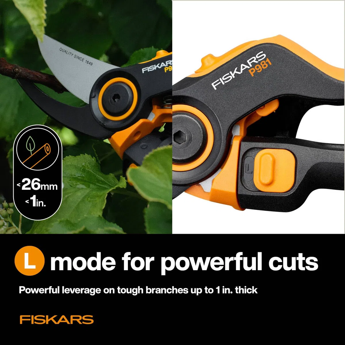 Fiskars X-series DualAction Cesoie da Giardino Bypass P981, Per Rami Sottili e Spessi, Impugnatura Ergonomica, Lame in Acciaio con Rivestimento Antiaderente, FiberComp, Nero/Arancione, 1080132