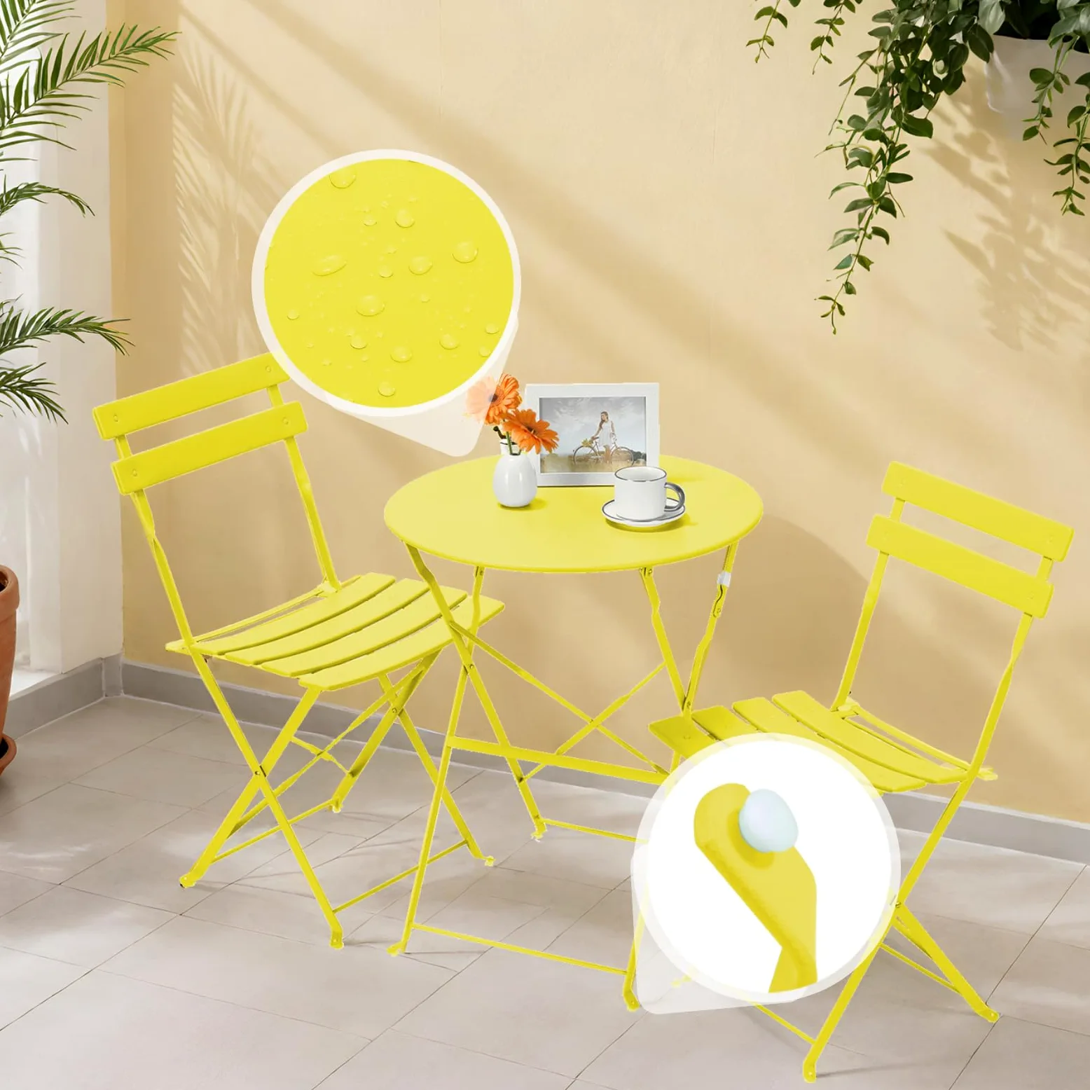 LIFERUN Set da Bistrot Pieghevole 3 Pezzi, Tavolo da Giardino Bistrot in Metallo, 1 Tavolo e 2 Sedie per Piccoli Balconi, Resistente alle Intemperie, per Balcone, Giardino e Terrazzo, Giallo