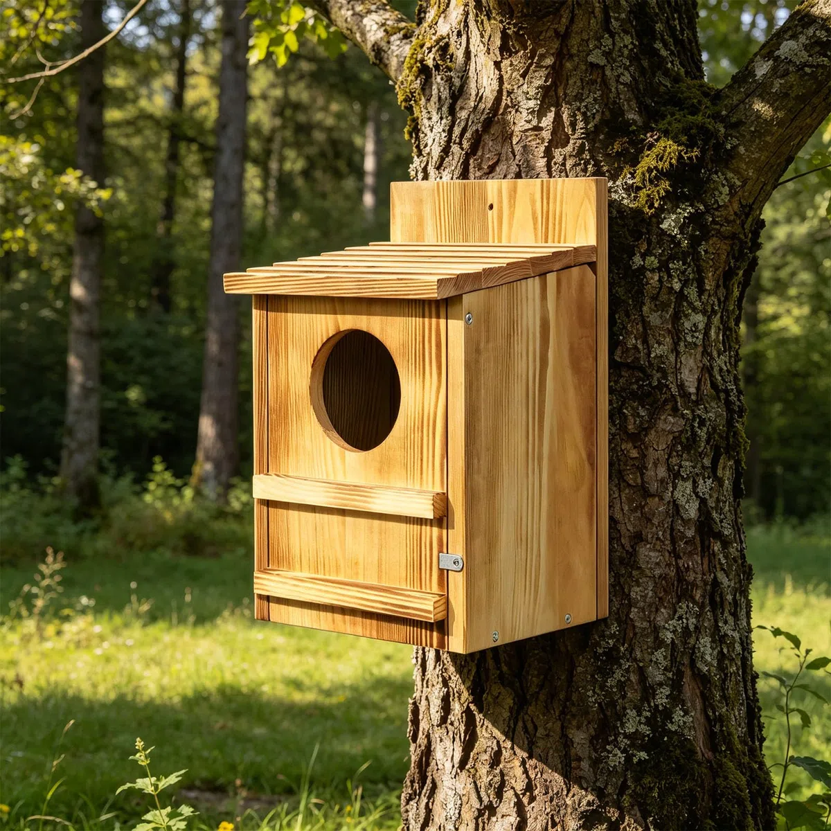 Mangiatoia per uccelli in legno con supporto per albero per decorazione da giardino all'aperto, casetta per gufi, per osservare gli uccelli selvatici