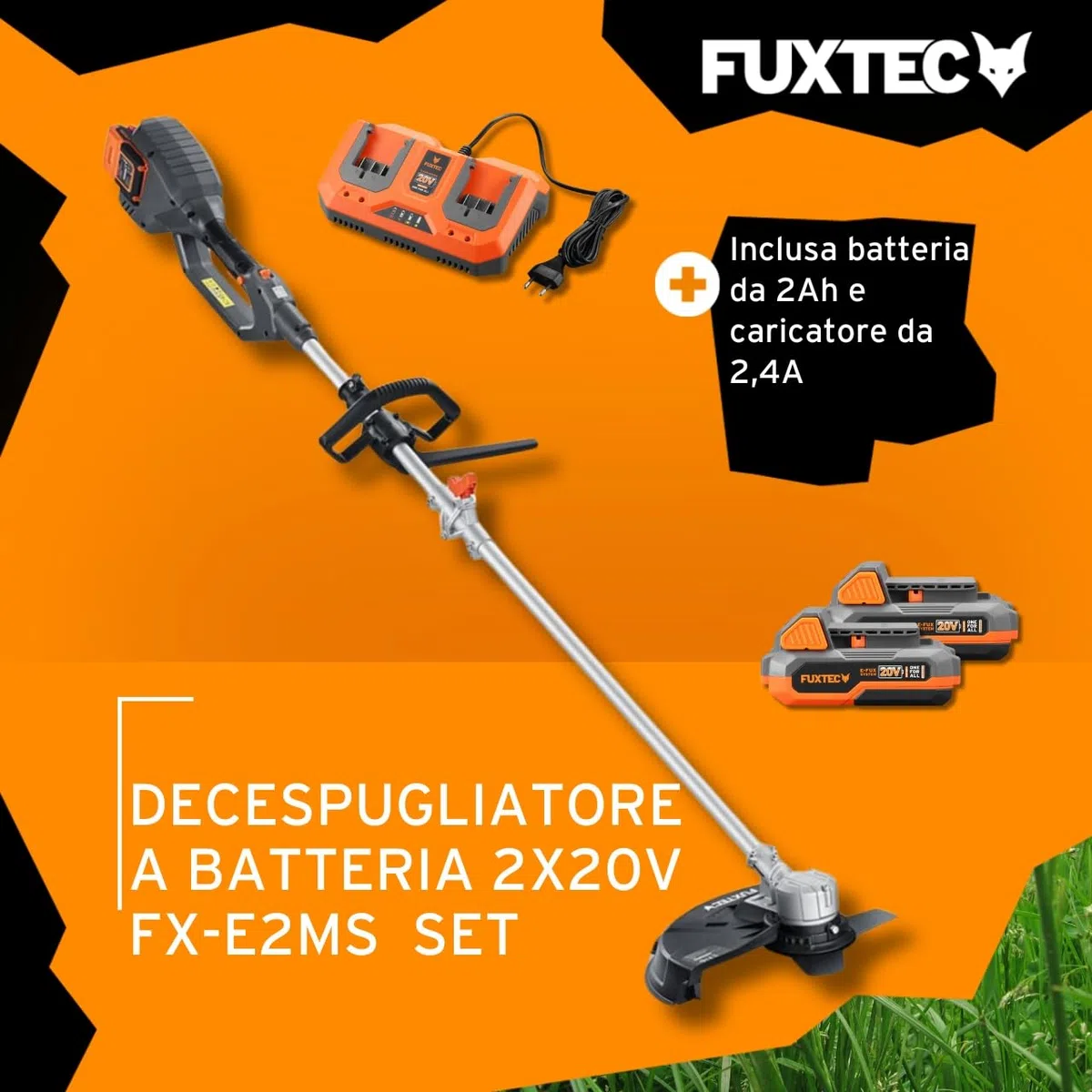 FUXTEC Decespugliatore a Batteria 2x20V FX-E2MSSET - Con 2xBatterie e Doppio Caricatore - Larghezza di Taglio 25,5-35cm, Lama e Filo, 10kg, Fino a 6000 giri/min