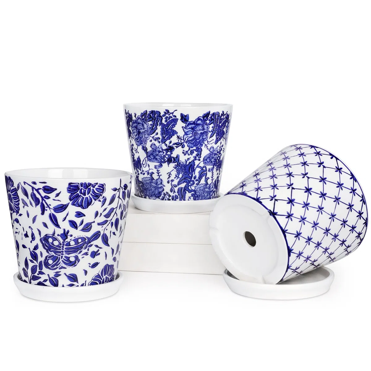 Oairse Set di 3 vasi in ceramica da 15 cm, piccoli vasi con piattini, foro di drenaggio, per interni/esterni, fioriera decorativa per piante grasse, erbe