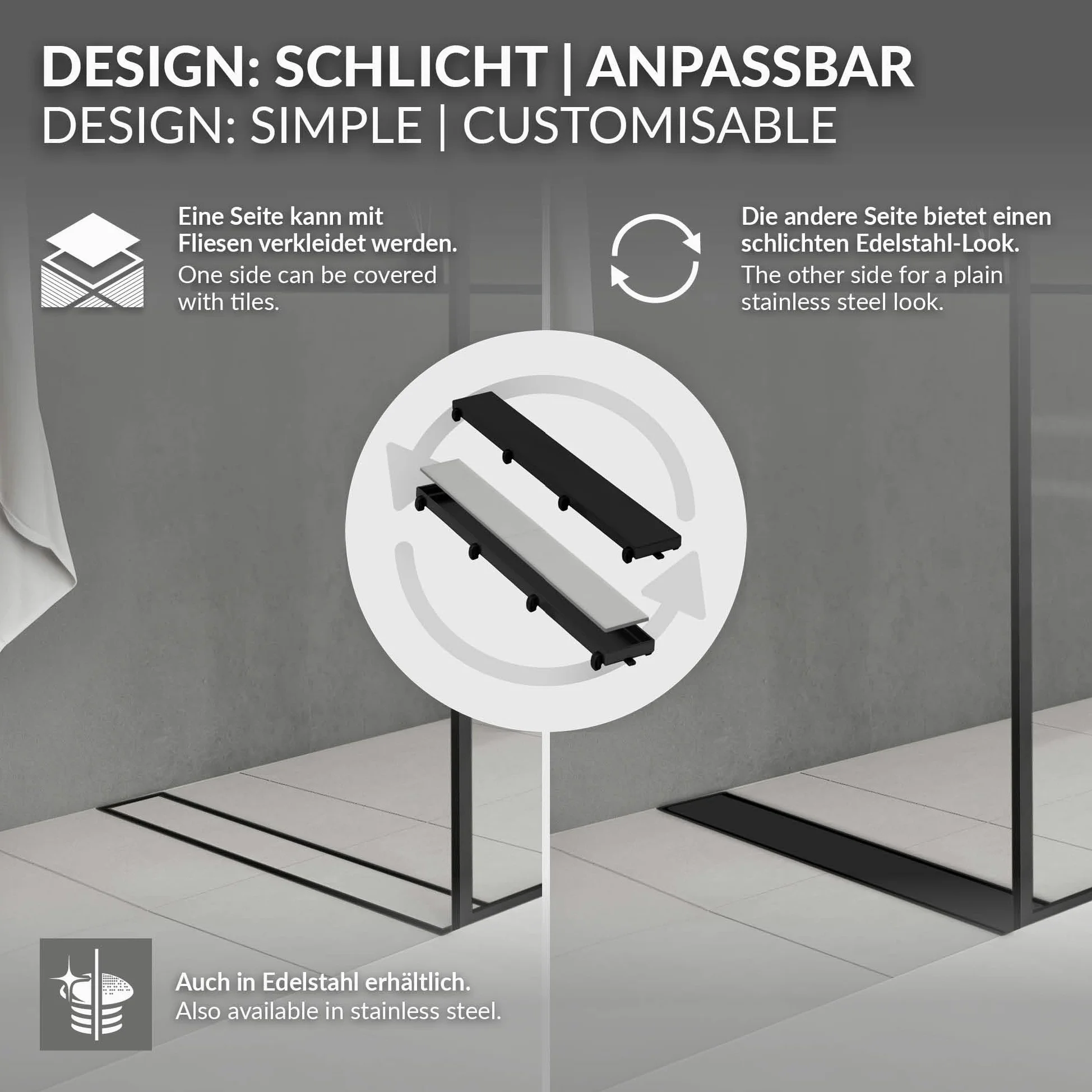 LuxeBath Canaletta per Doccia 50 cm 2 in 1 Drenaggio Piastrellabile in Acciaio Inossidabile Nero Canalina Scarico a Pavimento per Bagno Set Completo di Fissaggio Sifone a Canale con Filtro per Capelli