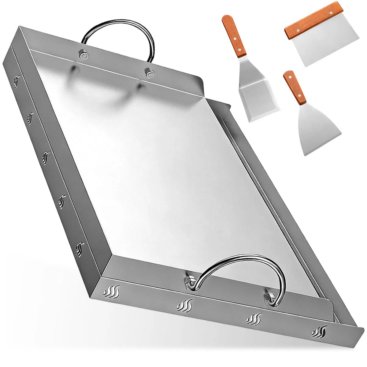 Piastra Acciaio Inox con 2 Spatole e Manici, Raschietto, Bistecchiera Rettangolare Universale 58x41x7.5cm, Piastre Barbecue Ghisa Fornelli Gas Accessori Griglia BBQ per Campeggio Festa Eventi Esterno