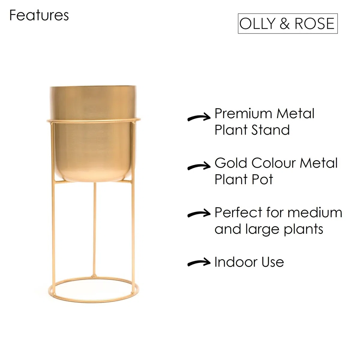 Olly & Rose vaso per fiori in metallo opaco con supporto dorato – vaso grande da 50 cm per interni con supporto – grande vaso decorativo