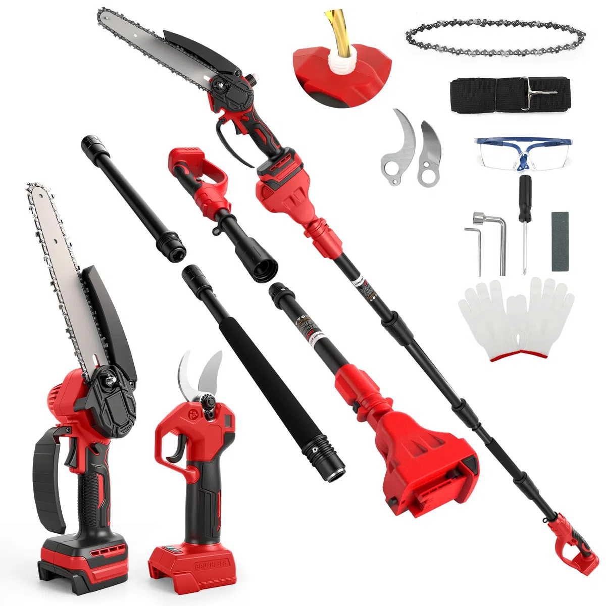 Mini motosega da 8 pollici con asta telescopica e cesoie elettriche da 28 mm, set di attrezzi da giardino 4 in 1, compatibile con batteria Milwaukee da 18 V, portata massima fino a 4 m (senza batteria