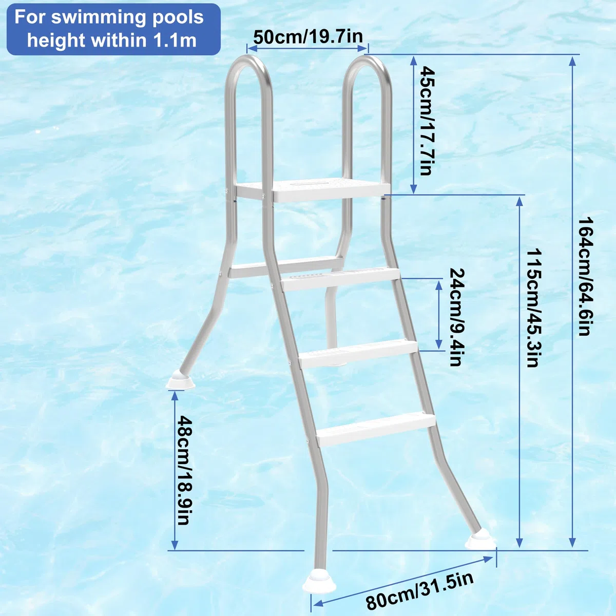 Scala per piscina 3+1 in acciaio inox, con corrimano di sicurezza, gradini in plastica antiscivolo e design con giunto sferico, stabile scala per piscine e piscine fino a 115 cm