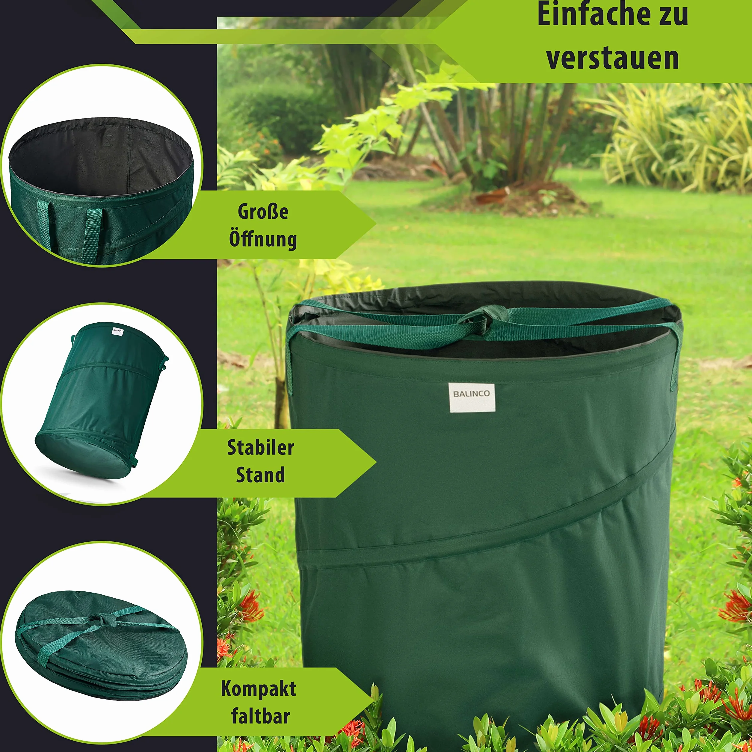 1x 170 litri sacco pop-up per rifiuti da giardino verde autoportante e stabile | per foglie | da giardino | per rifiuti verde pieghevole grande poliestere estremamente robusto 220 g/m² (1x 170 litri)