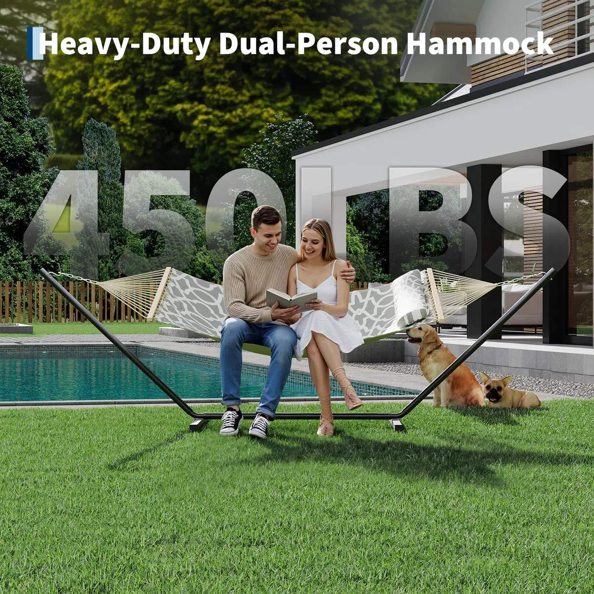 Amaca su piede 12FT, Amaca doppia esterna 2 persone, tela Hammock con cuscino, supporto amaca in metallo a T, per giardino terrazza campeggio