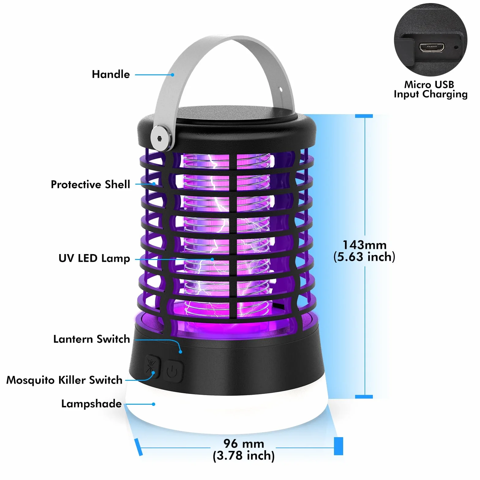 Lampada Antizanzare da Esterno, Ammazza Zanzare Elettrico 2000V per Campeggio con Luce LED, Trappola per Zanzare Ricaricabile USB-C, IP66 Impermeabile, Batteria 2200mAh, per Giardino e Terrazza
