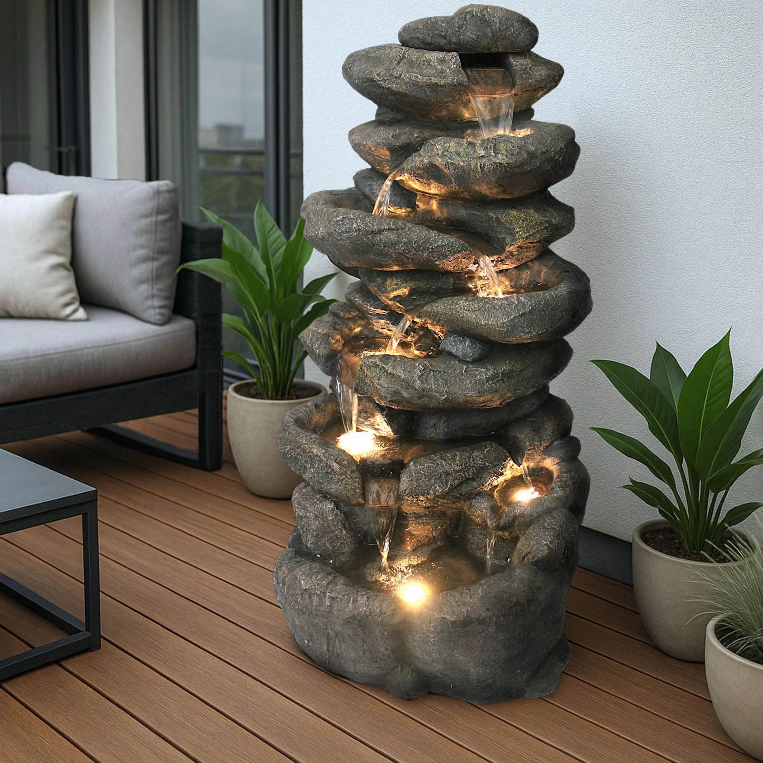 Grande Fontana da Giardino BK902 con Illuminazione LED, Fontana a Cascata in Stile Roccia, Grande Decorazione da Giardino, Aspetto in Pietra, 100 cm