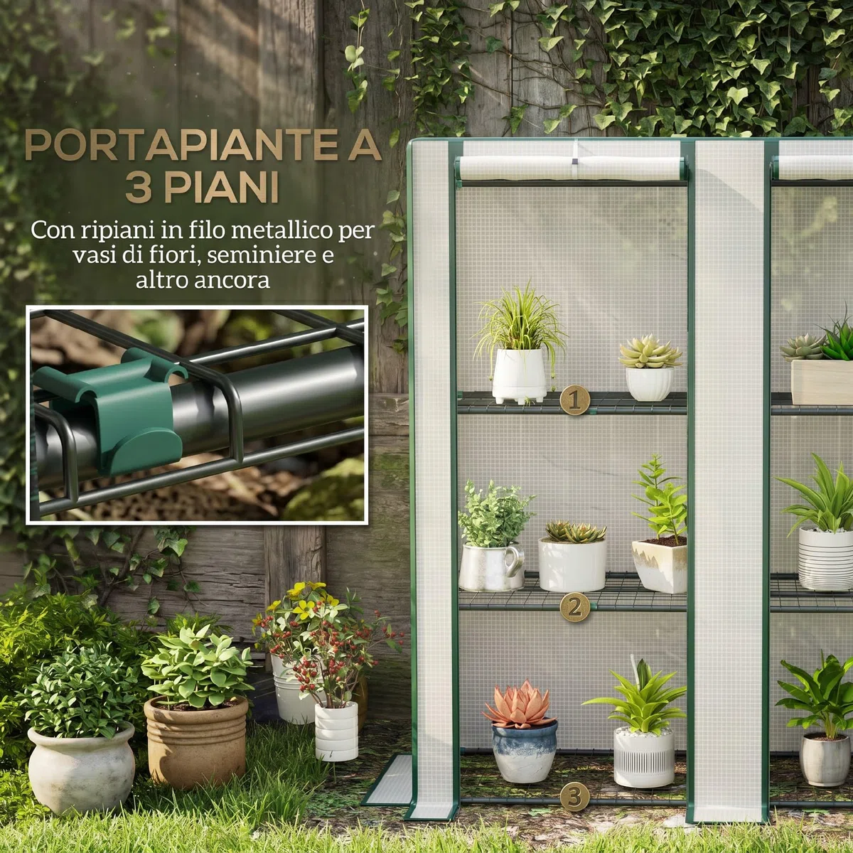 Outsunny Serra da Giardino con 2 Porte Avvolgibili, Scaffale a 3 Ripiani e Tasche Laterali, Struttura in Acciaio e Copertura in PE, Serra per Orto per Piante e Fiori, Protezione Anti UV, Bianco Verde
