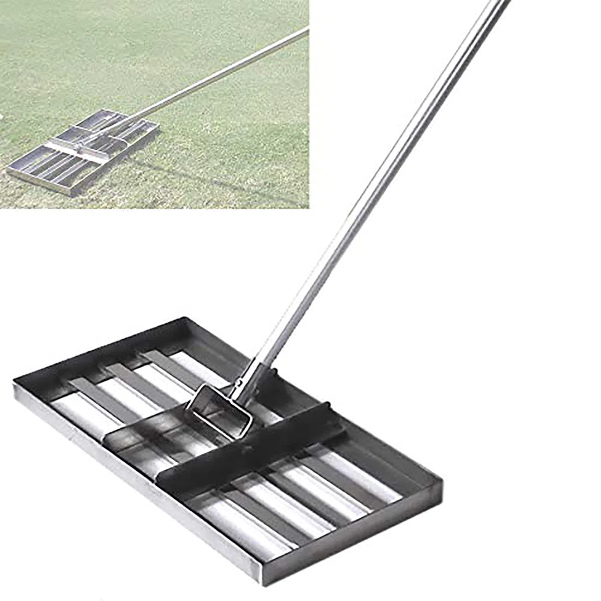 Rastrello livellatore per prato, in acciaio inox resistente, di grande capacità, manico da 109 cm, per giardino, campo da golf, strumento di livellamento