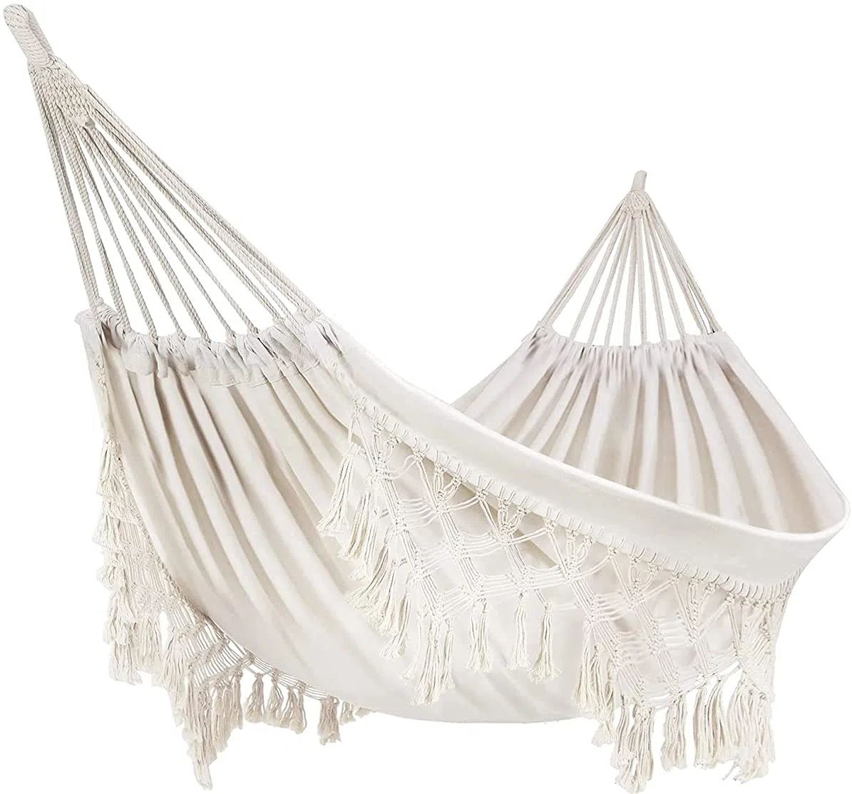 Amaca da esterno Campeggio Amaca da giardino Letto in cotone Amache con frange in macramè Amacas balcone Boho con nappe fatte a mano Amac doppia Giardino dietro la casa Spiaggia Terrazza