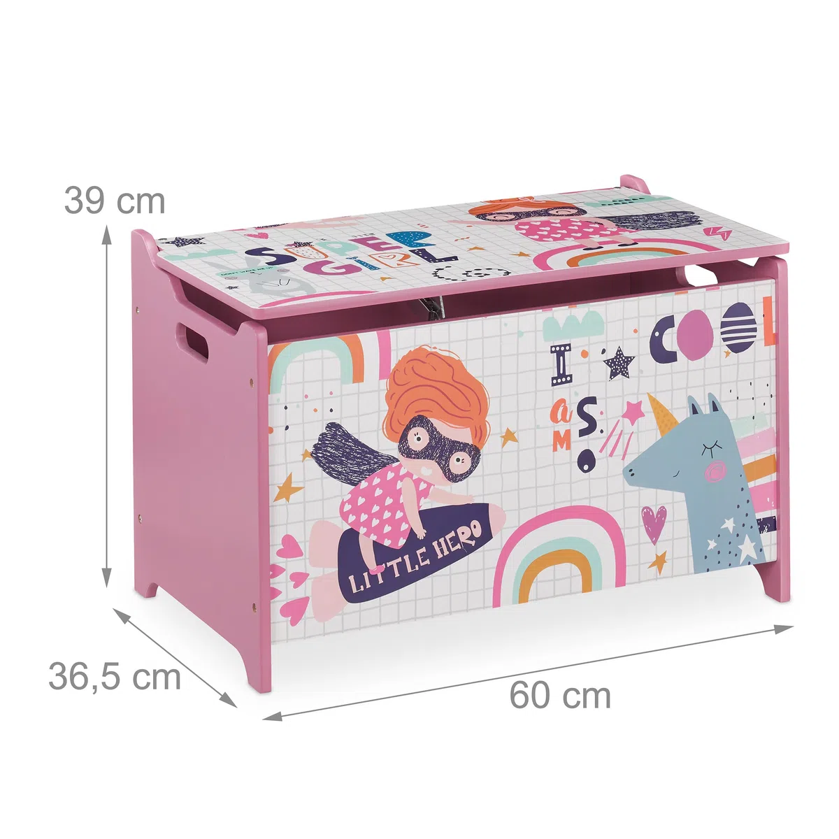 Relaxdays Cassapanca Organizer, Portagiochi per la Cameretta, Design Super Girl, MDF, HxLxP: 39x60x36,5 cm, Rosa/Bianco