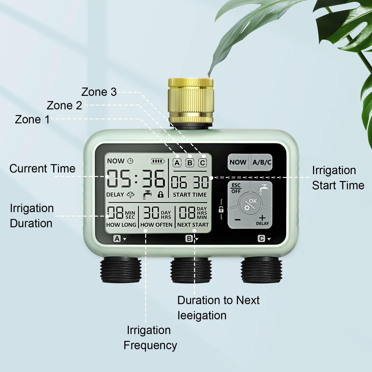 Johgee Computer di irrigazione 3 uscite indipendenti con ingresso in ottone, orologio digitale per irrigazione con ritardo della pioggia, controllo automatico/manuale di irrigazione, timer per