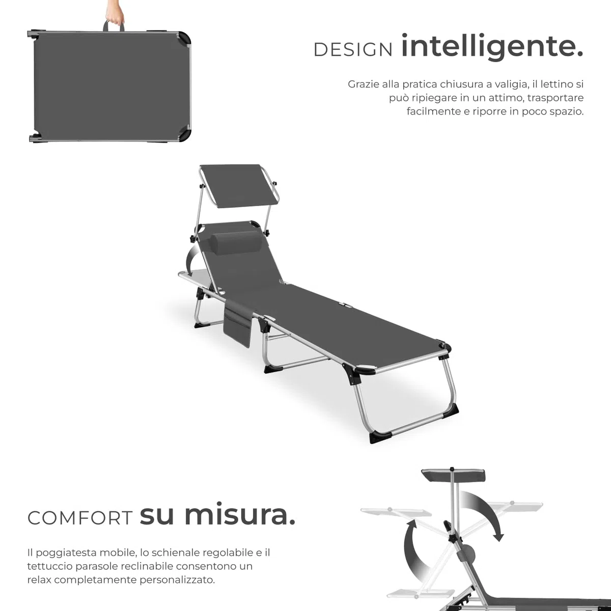 tectake® Lettino Prendisole Pieghevole, Telaio in Alluminio, Schienale Regolabile in 6 Posizioni, Lettino Sdraio con Tetto Parasole e Comodo Cuscino, Ideale per Giardino e Campeggio - Grigio