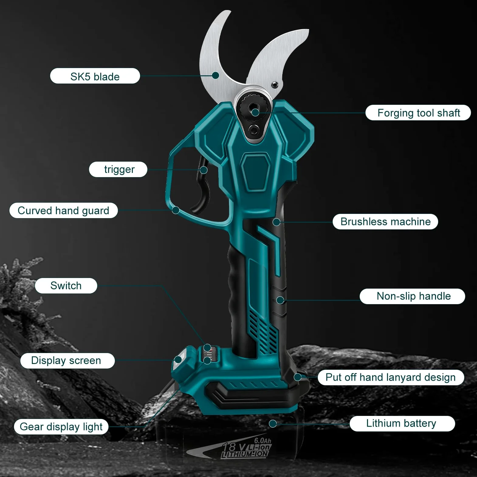 Troncarami compatibile con Makita 18 V (non batteria) apertura 65 mm | diametro di taglio massimo 40 mm, display LCD, cesoie elettriche ricaricabili per rami e fiori