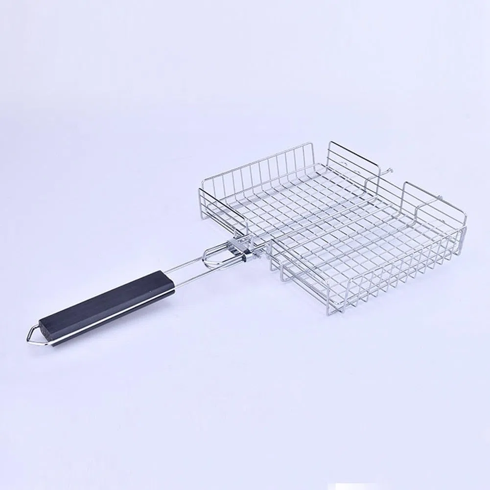 Cestino pieghevole in acciaio inox per barbecue con manico rimovibile, rete portatile per barbecue per campeggio e cucina all'aperto, 64,5 x 31 x 5 cm