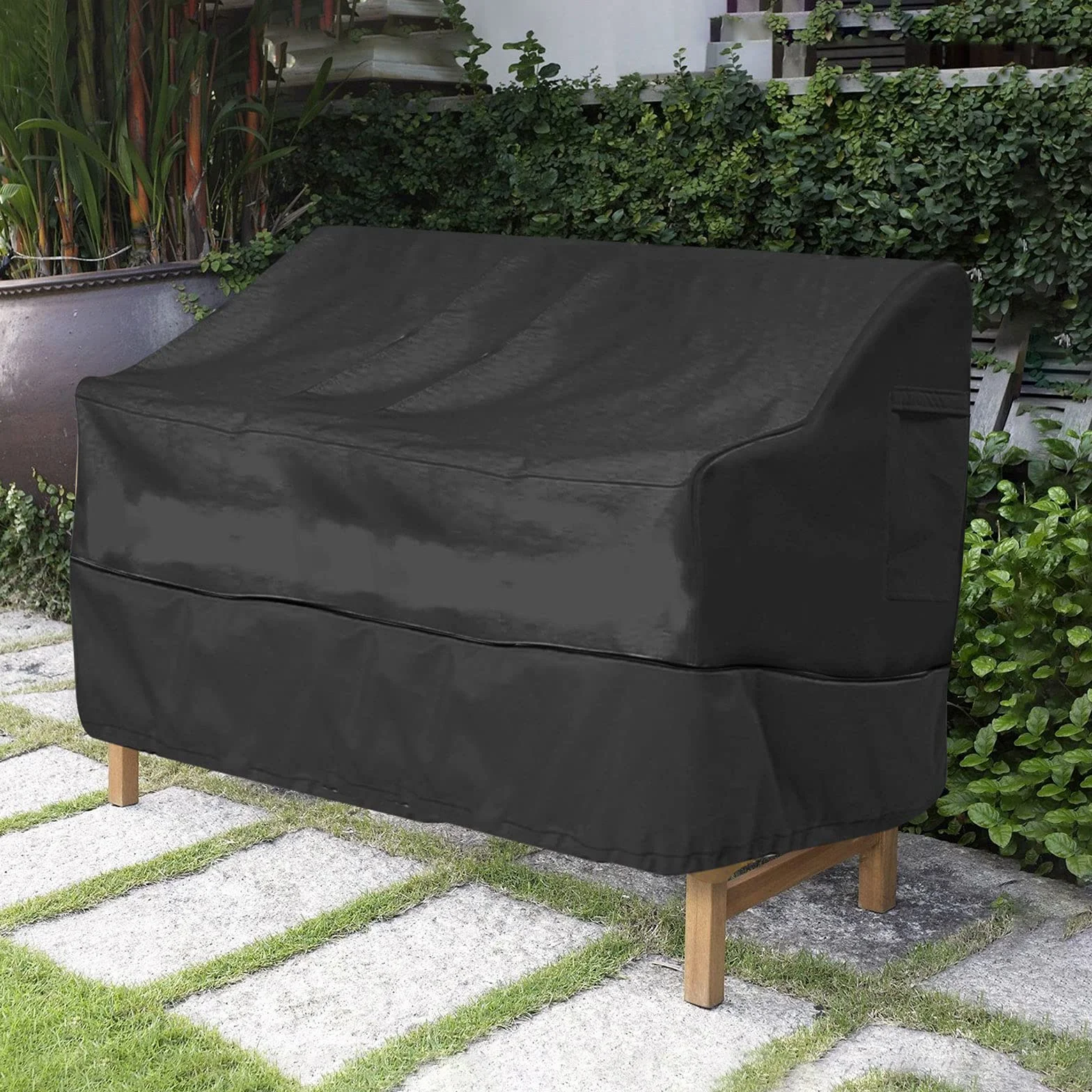 Copertura per Mobili da Giardino, Copertura per Panca Divanetto Tavolino da Giardino Impermeabile Oxford 210D Anti Vento Anti Polvere Copridivano da Giardino (Nero, 193*83*84cm)