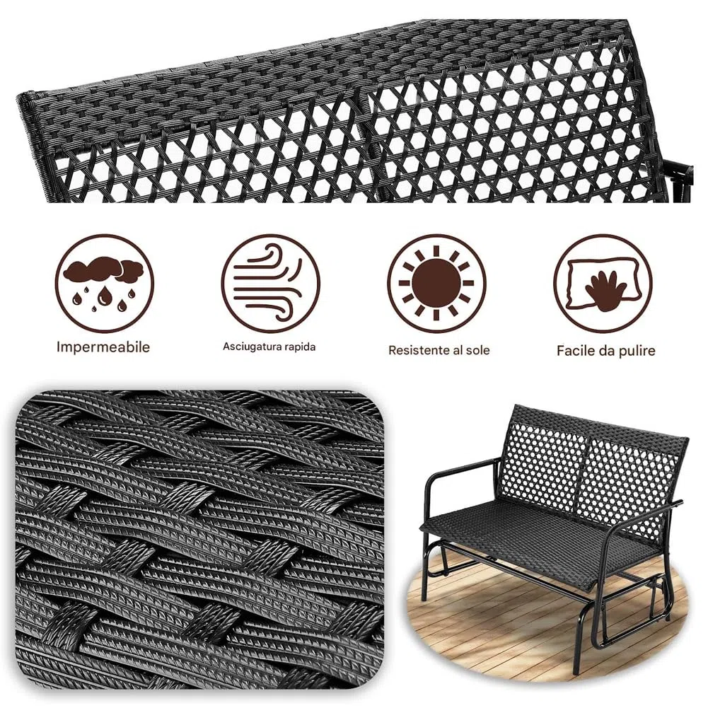 BAKAJI Panchina a Dondolo in Rattan 2 Posti da Esterno, Panca da Giardino Basculante, Divanetto Dondolante Ergonomico con Struttura Resistente ai Raggi UV e Intemperie, Adatto Balconi, Patio, Terrazzo