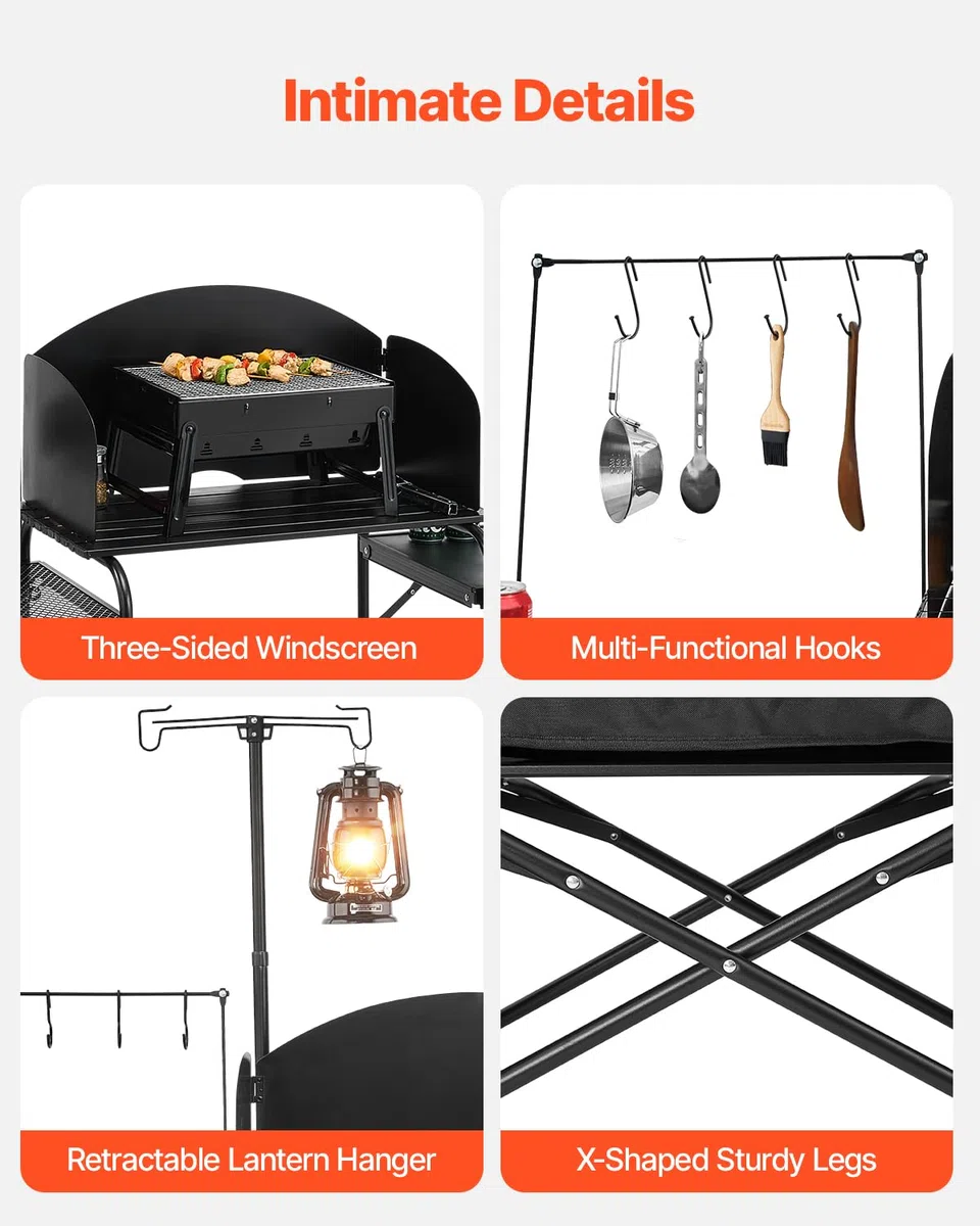 VEVOR Tavolo da Cucina da Campeggio all'Aperto, Stazione di Cottura Portatile in Alluminio con Armadio Portaoggetti, Borsa per Trasporto, Parabrezza Staccabile, per Barbecue, Festa, Picnic, Nero