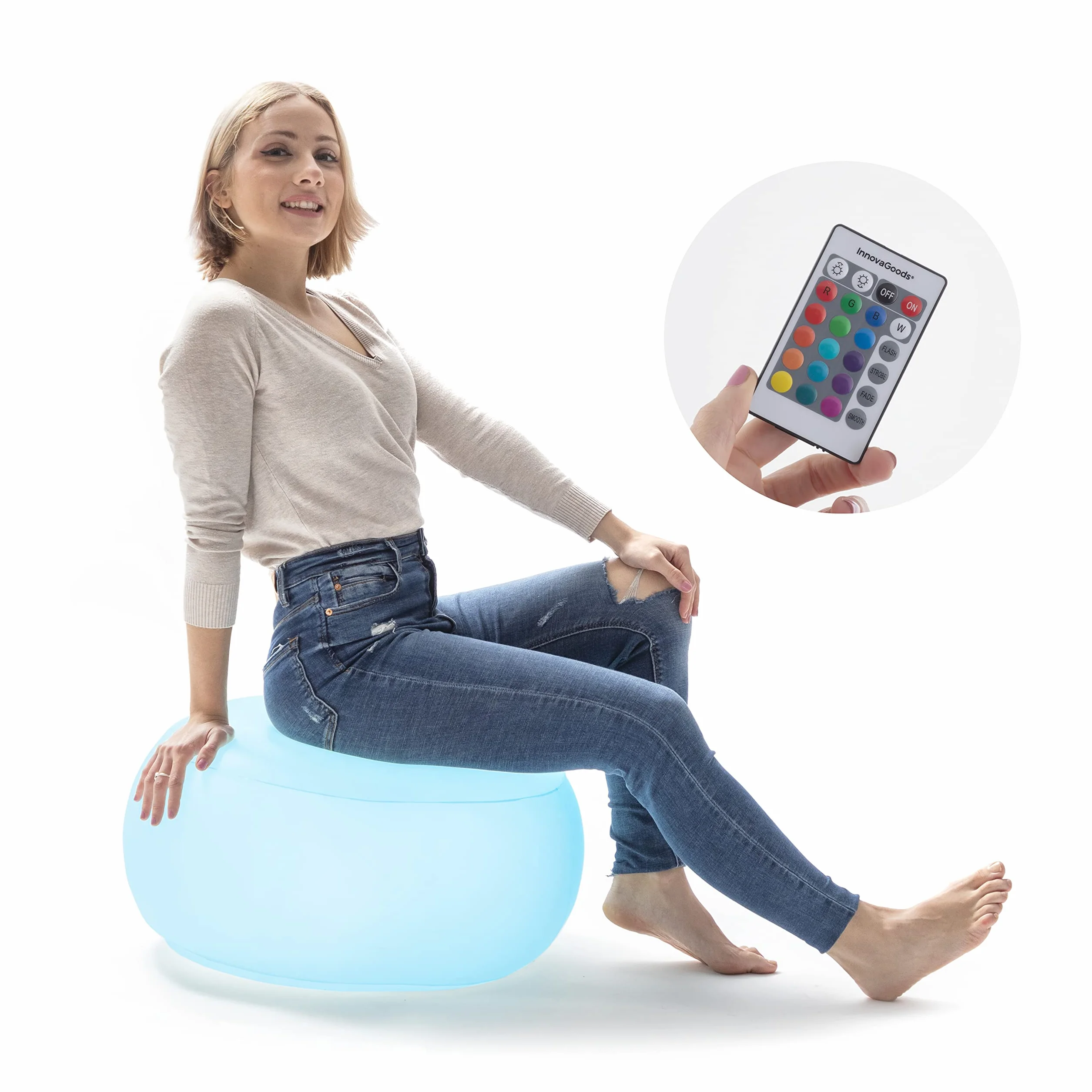 InnovaGoods - Pouf Gonfiabile LED Multicolor, Telecomando Pulight, Resistente all'Acqua, Leggero e Portatile, Ideale per Interno e Giardino, Bianco, Unica, Plastica