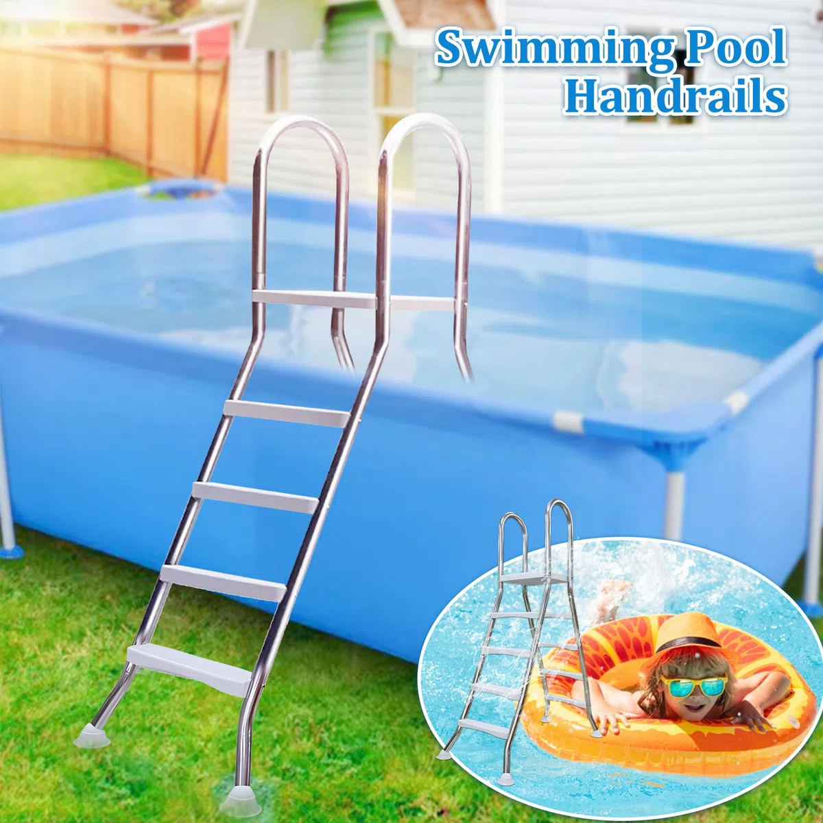 Scala a 4 Gradini per Piscina Fuori Terra, Robusta Scala in Acciaio Inossidabile con Doppio Corrimano di Sicurezza, Gradini Antiscivolo, Portata 250 kg, per Piscina da 135 Cm