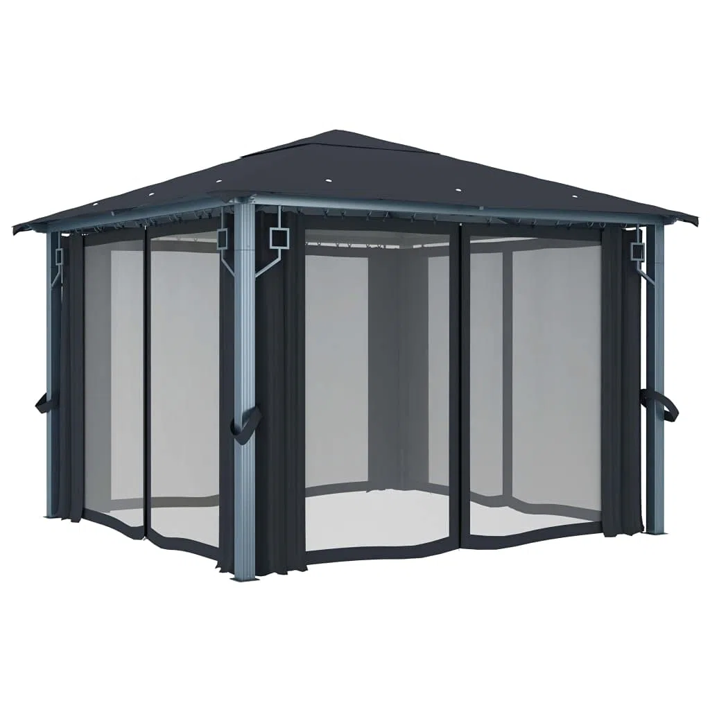 Generico Gazebo con Tende e Luci LED 300x300 cm Antracite in Alluminio,Antracite,39.69kg,3070333