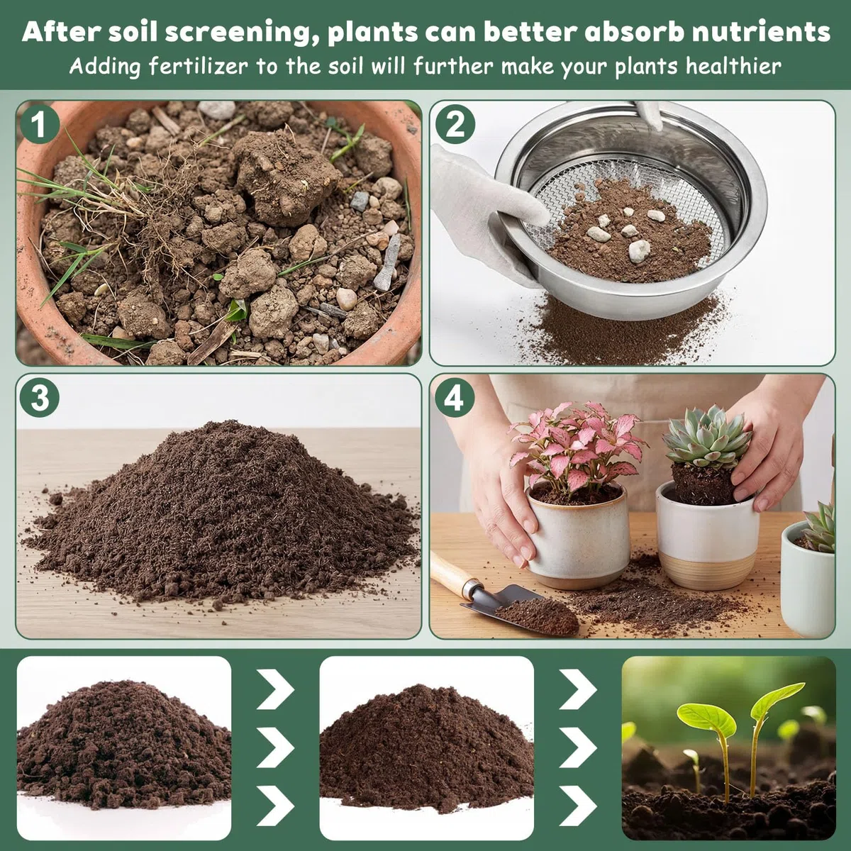 5 in 1 Setaccio da Giardino in Acciaio Inox Ø maglie 1, 3, 6, 9, 12 mm Setaccio per Sabbia + 1 Vanga a Mano Per Terra, Pietre, Compost, Erbacce e Sabbia