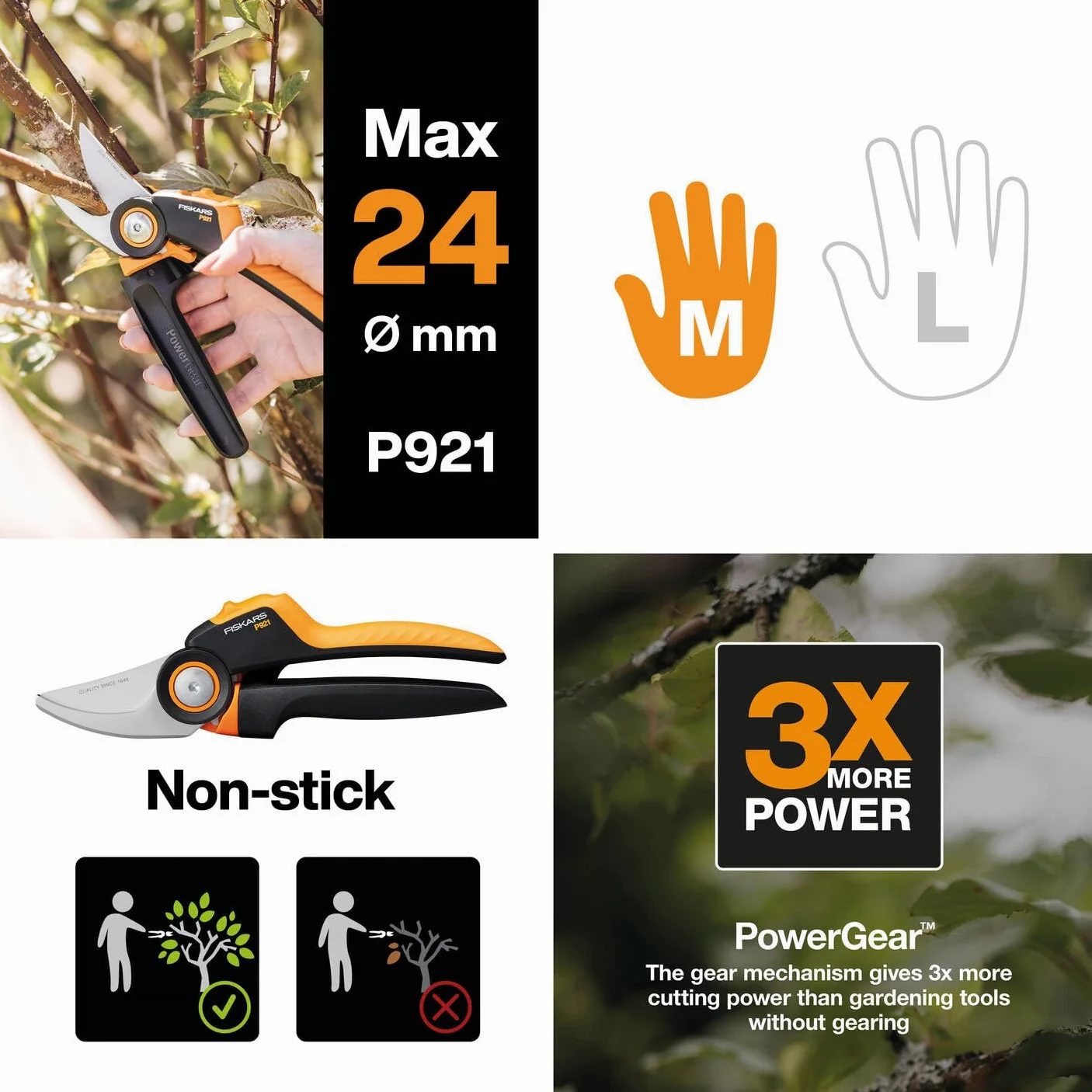 Fiskars Forbici da potatura bypass M, X-series PowerGear, P921, Impugnatura rotante, Per rami freschi e ramoscelli, Rivestimento antiaderente, Lame in acciaio inox, 20,1 cm, Nero/Arancione, 1057173
