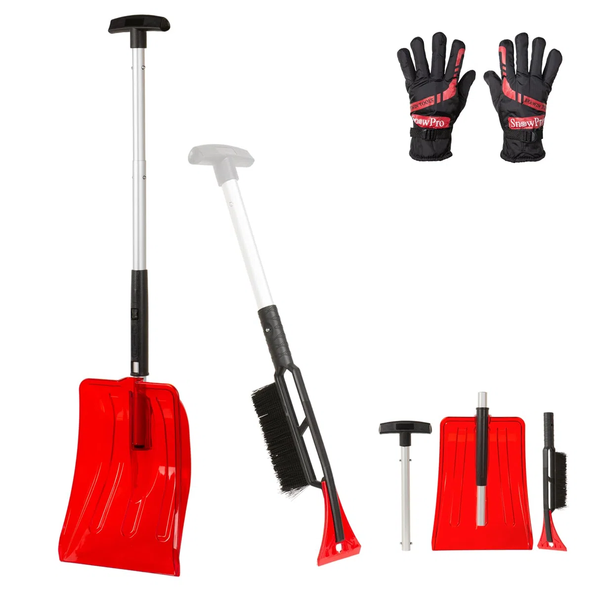 SnowPro 3-in-1 Pala da neve per auto, design pieghevole e telescopico veloce per la rimozione della neve di emergenza - Pala da neve compatta con guanti, spazzola da neve e raschietto per ghiaccio -