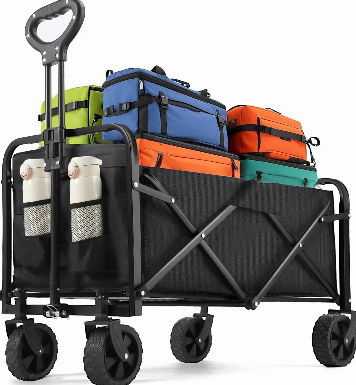 Carrello Pieghevole 120L (120kg di Carico), Carrello Spiaggia con Ruote Grandi 12cm & 360° - 2 Portabevande, Portatutto per Campeggio, Spiaggia & Shopping (Nero)